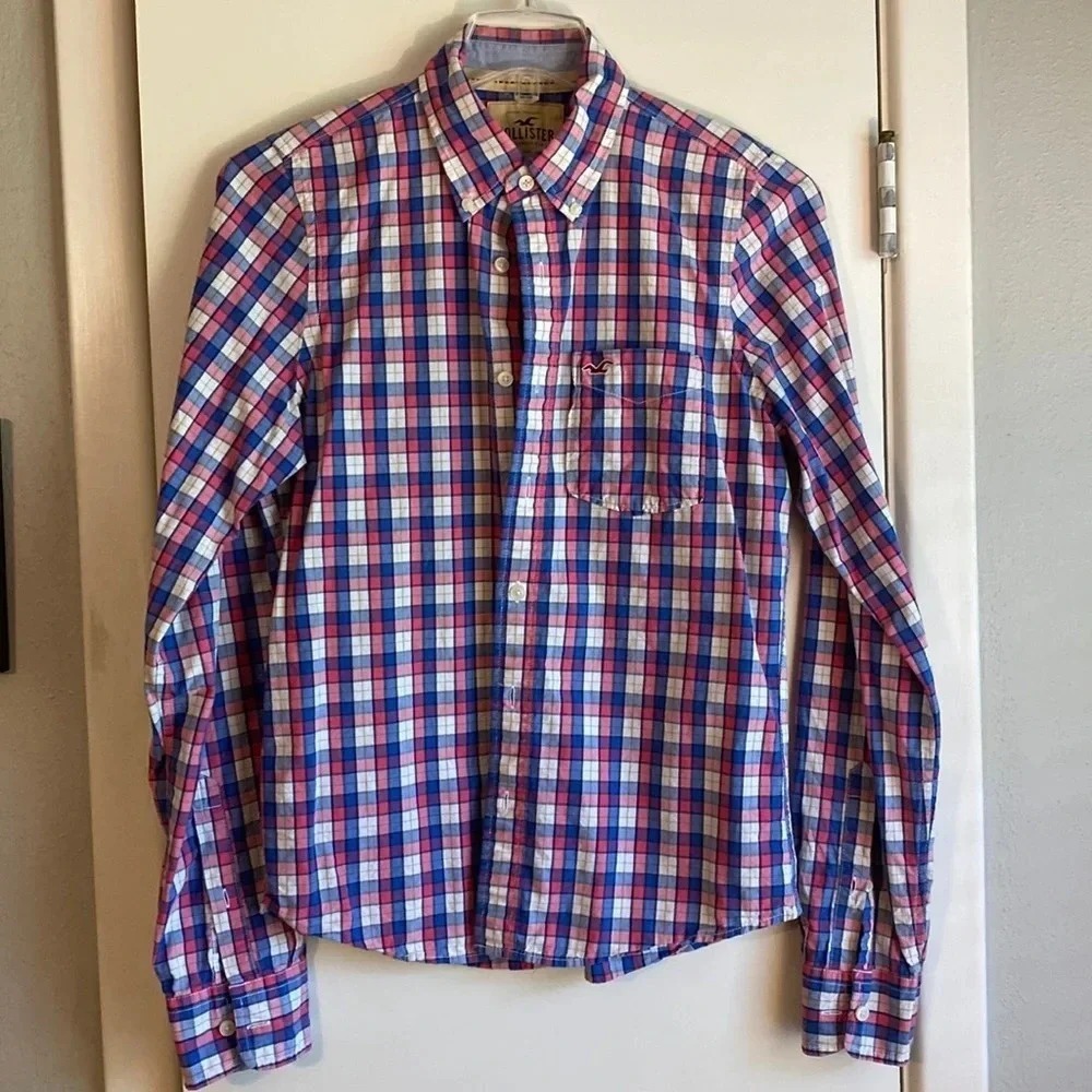 Hollister Mens Long Sleeve‎ Plaid Button Down Shirt Pink Blue White Size L